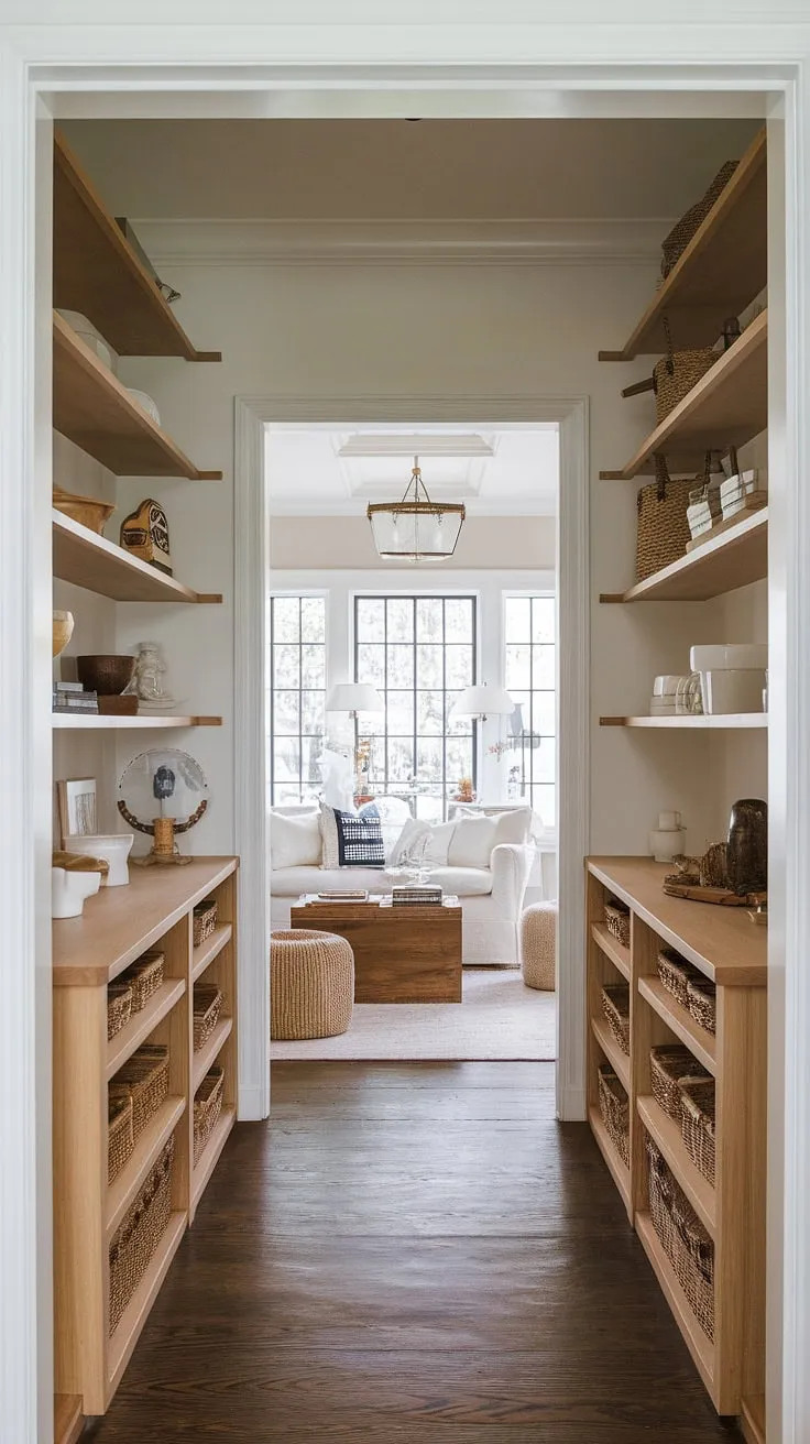 A perfectly organized pantry, showcasing the best of both worlds: the rustic warmth of craftsman design and the airy sophistication of a French-inspired aesthetic. The wood and white palette creates a calming sanctuary, a delightful contrast to the inviting Nancy Meyers style living area just beyond. A space designed for both practicality and beauty.