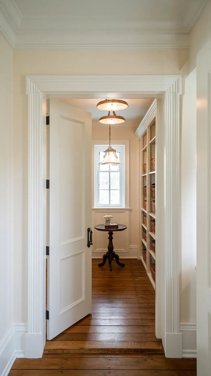 This charming pantry, reminiscent of a Nancy Meyers film set, seamlessly blends traditional home decor with modern functionality. The white-painted cabinetry, delicate light fixture, and small table create a space that's both beautiful and practical, showcasing the beauty of a simple sophistication.