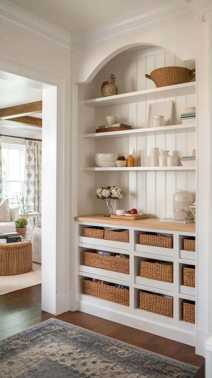 A haven of organization and style, this pantry seamlessly integrates French country charm with the warmth of craftsman woodwork. The crisp white and rich wood create a sophisticated atmosphere, a delightful extension of the home's Nancy Meyers-inspired aesthetic. A dream space for any home cook.