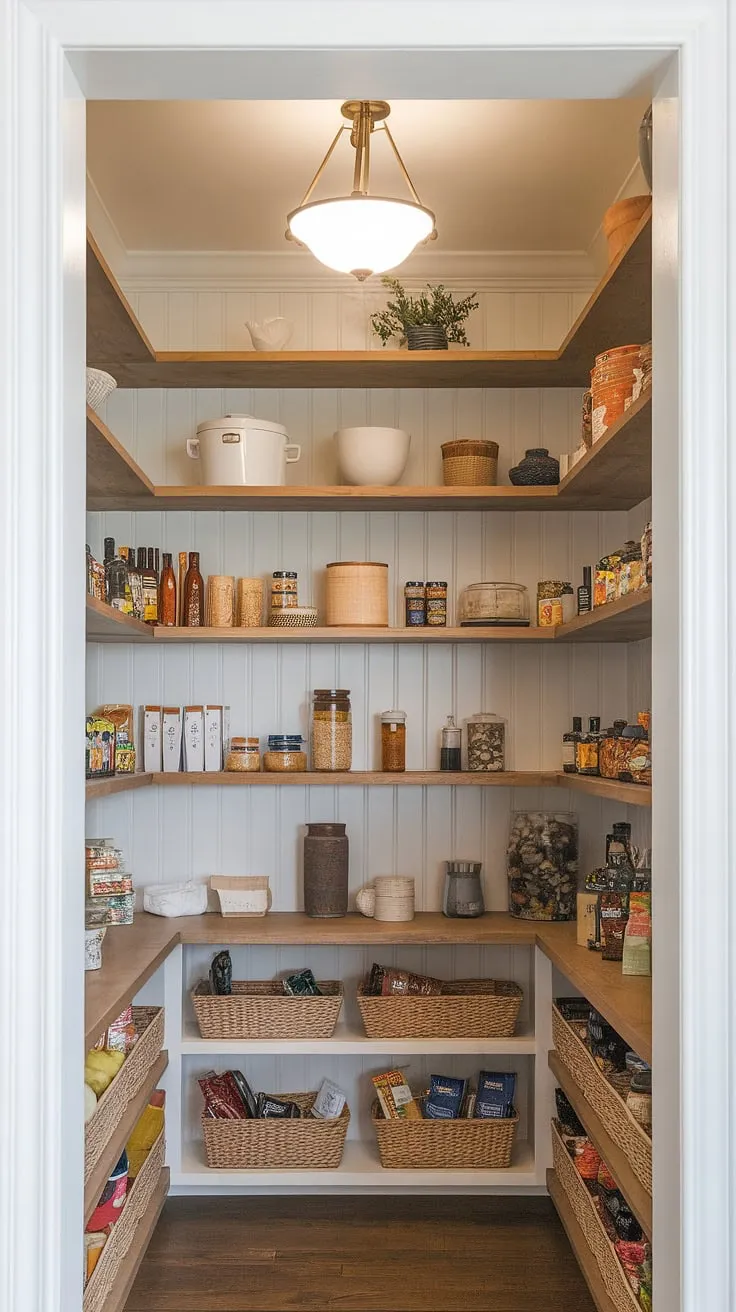 Organized chaos meets French charm in this pantry. The craftsman shelves, filled with culinary delights, perfectly complement the Nancy Meyers-inspired living space just beyond, creating a harmonious blend of old-world elegance and modern practicality. A true testament to the beauty of a well-curated home.
