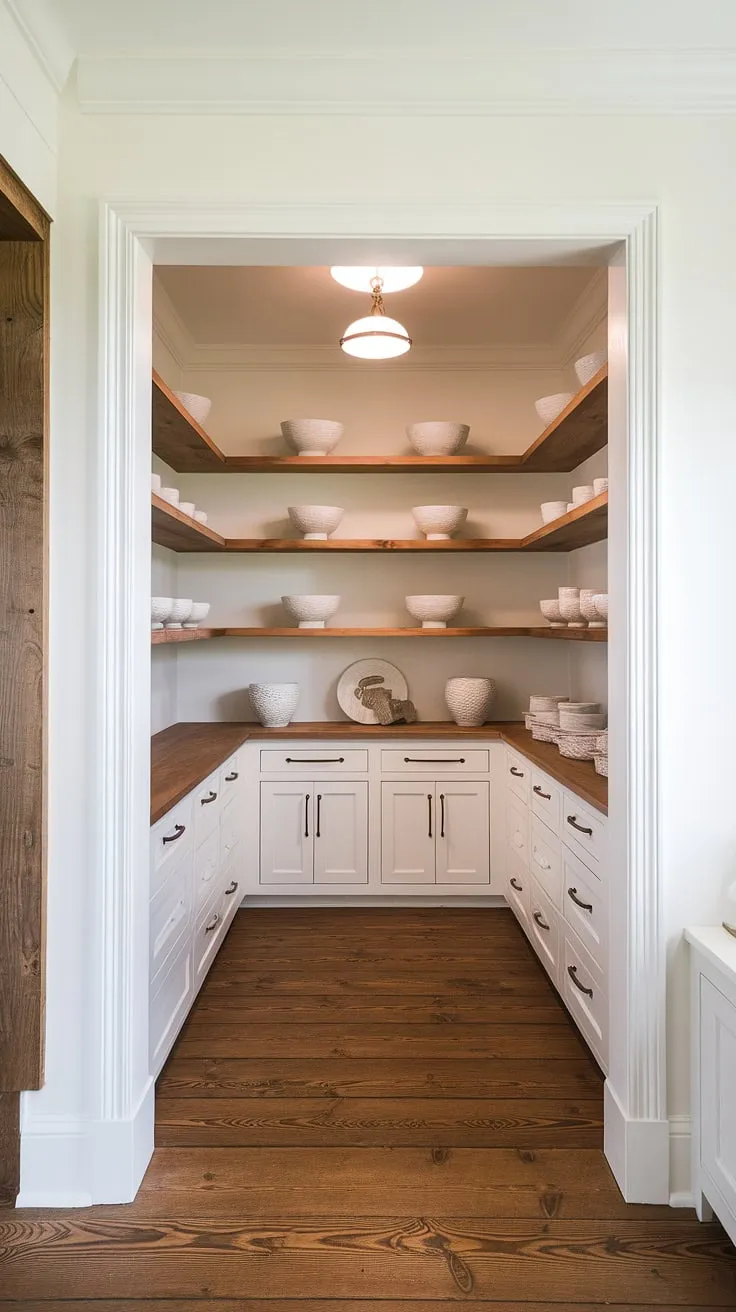 A charming blend of French country and craftsman style, this pantry perfectly complements the Nancy Meyers-inspired living space. The white-washed walls and warm wood tones create a serene and functional heart of the home, showcasing a curated collection of simple, elegant pieces. A testament to the beauty of thoughtful design.
