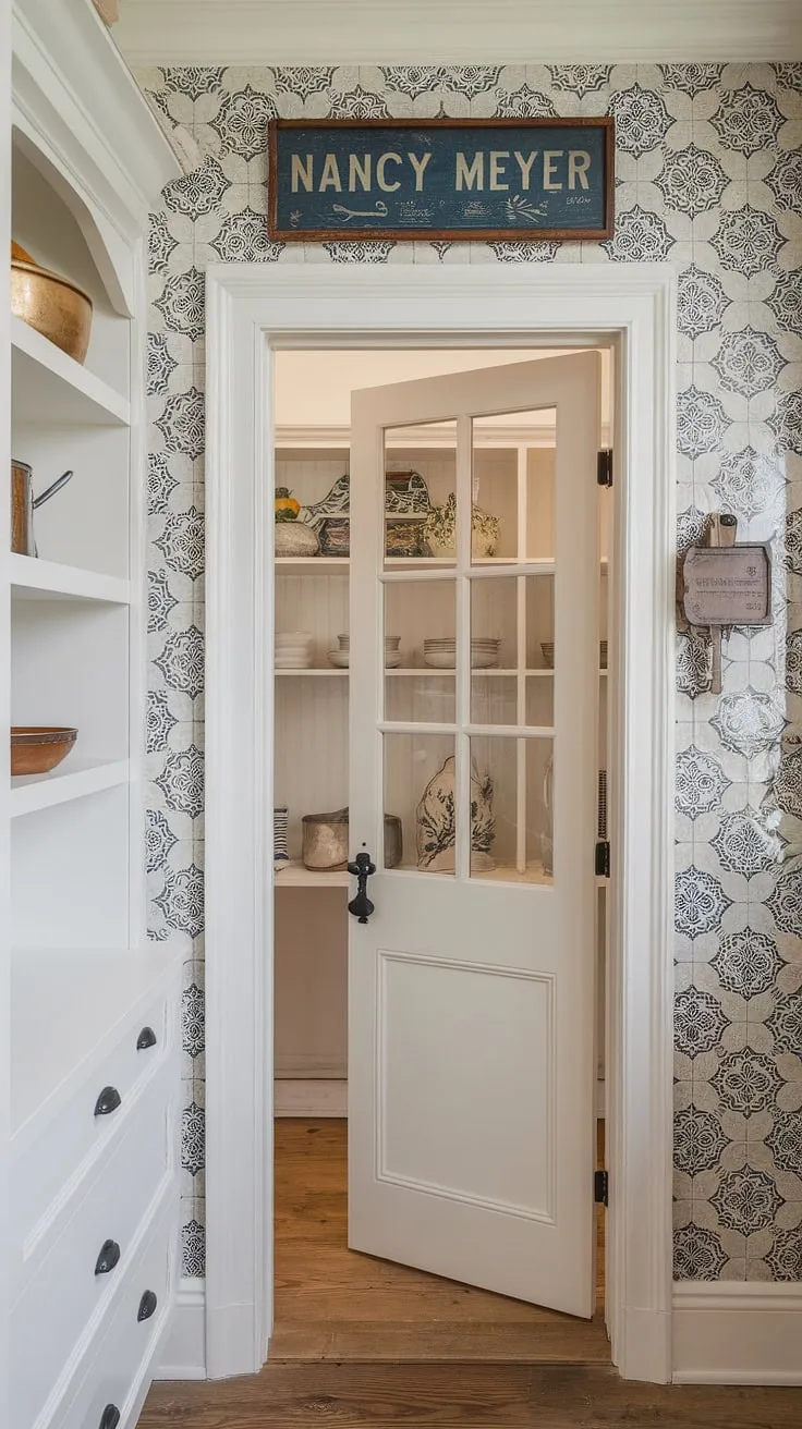 Step into a pantry that whispers French charm and effortless elegance, a space where practicality meets refined style. The handcrafted door, decorative tiles, and vintage sign create a Nancy Meyers-esque haven, perfectly blending old-world allure with modern functionality. A testament to the beauty of detail, this pantry is a dream come true. A