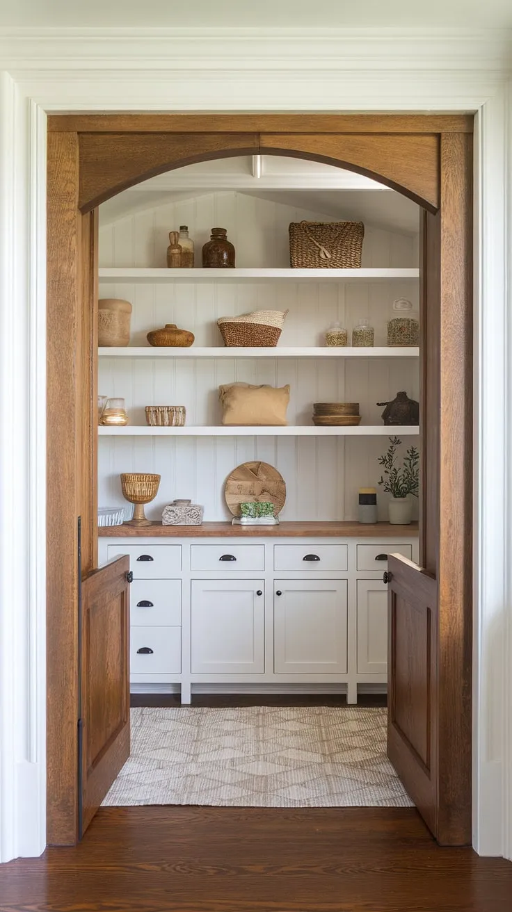 Step into a dream: This French-inspired pantry, nestled within a traditional living space, effortlessly blends craftsman details with a Nancy Meyers aesthetic. The wood and white palette creates a sense of airy calm, perfectly capturing the essence of refined, everyday living. A truly charming addition to any home.