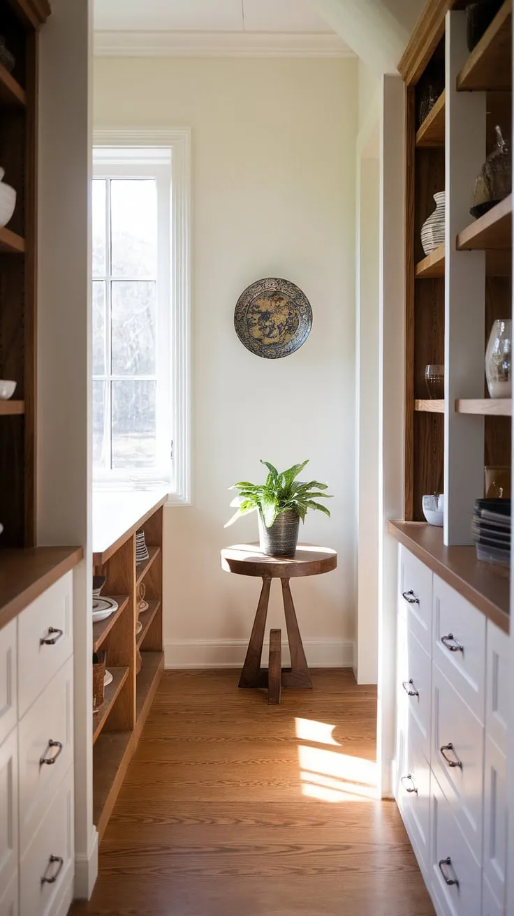 This meticulously organized pantry is the heart of a home, seamlessly blending traditional and modern design elements. The warm wood floors and natural light enhance the French-inspired details, creating a space that feels both practical and utterly delightful. A perfect example of Nancy Meyers-esque living, where functionality meets exquisite style.