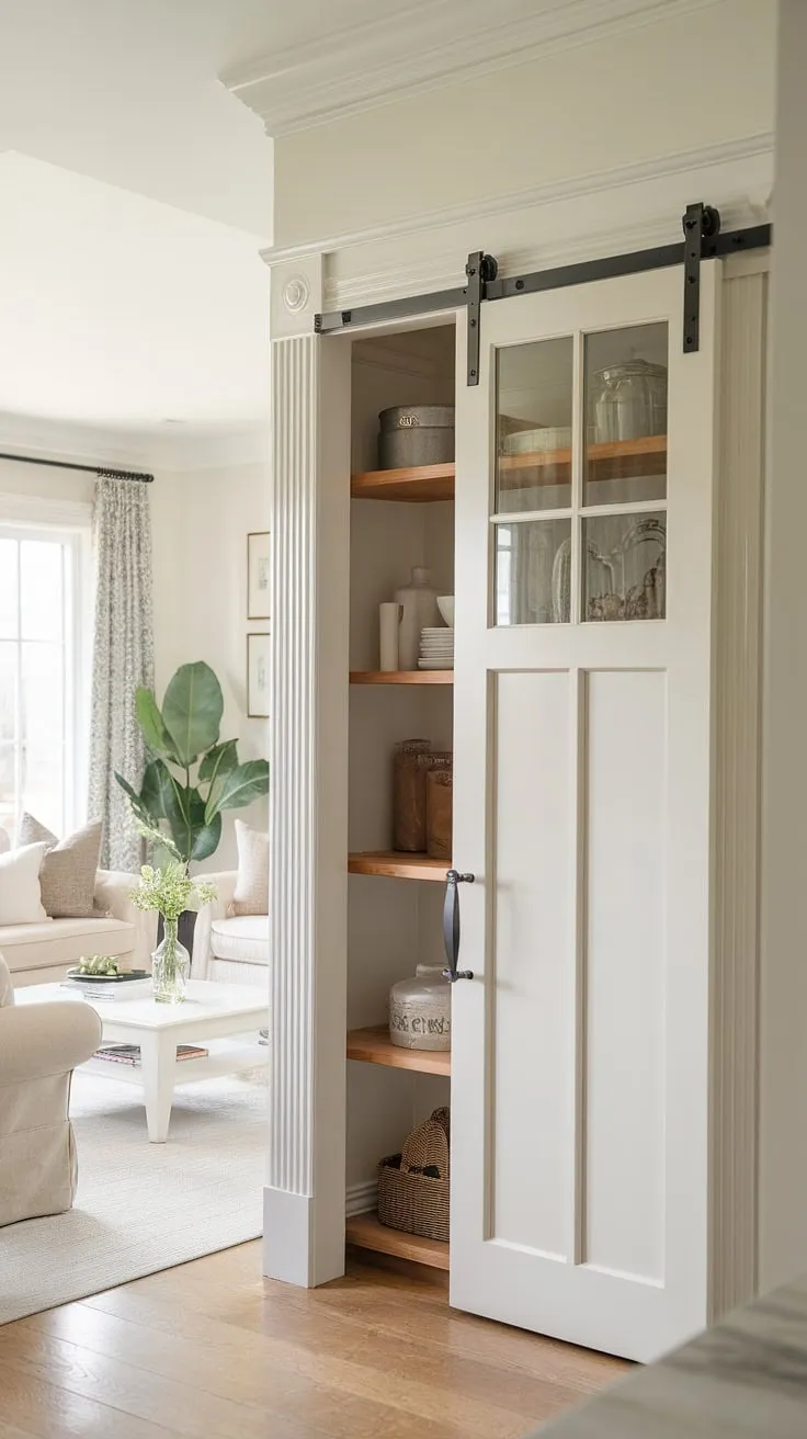 Step into a world of effortless French-inspired charm. This handcrafted pantry door, painted a crisp white, opens to reveal a perfectly organized space, a testament to the beauty of a simple yet elegant design. The airy ambiance flows seamlessly from the living room, creating a harmonious blend of traditional and modern aesthetics.