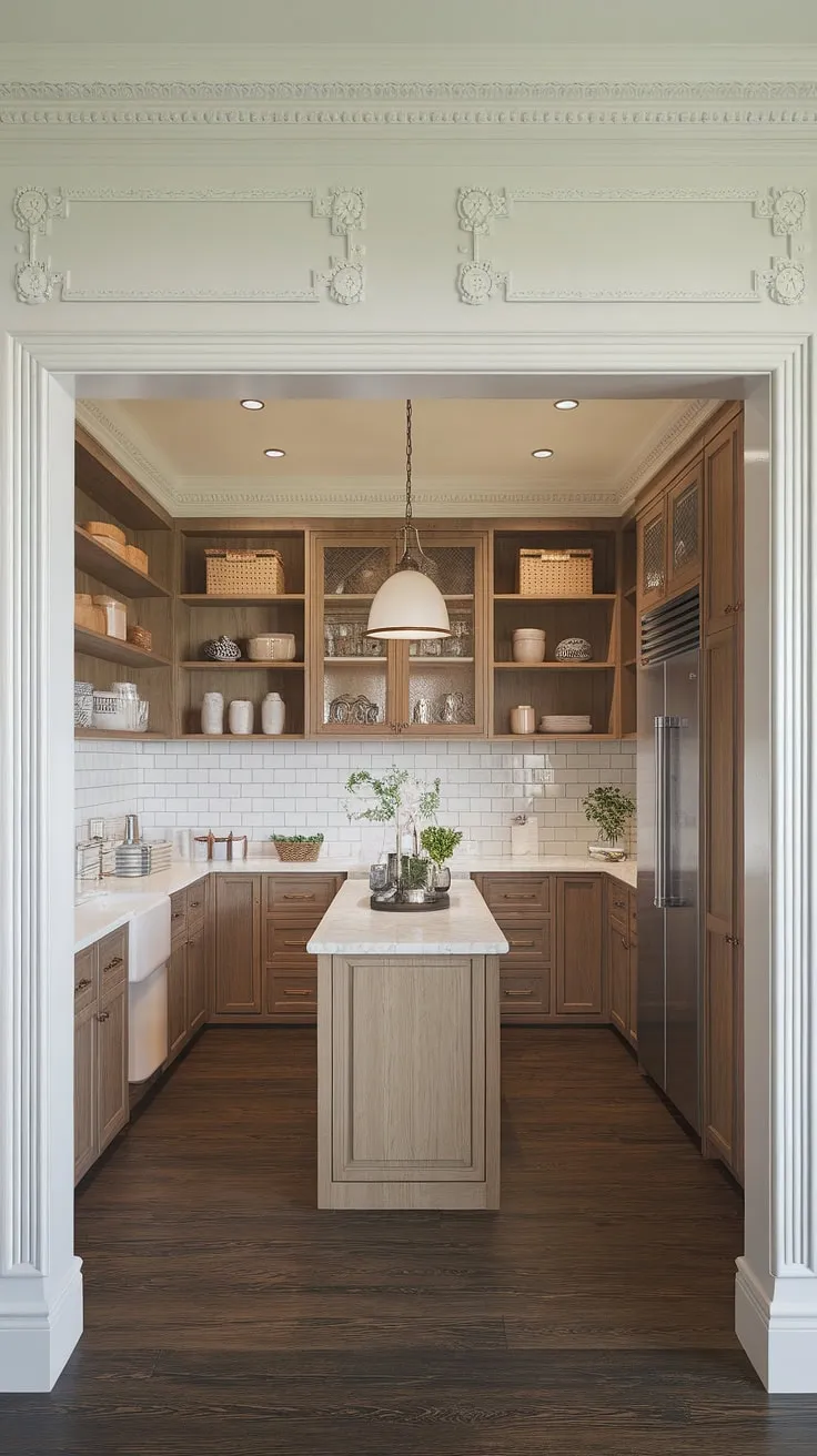 A haven of organization and style, this pantry effortlessly marries traditional architecture with modern convenience. The elegant molding, custom cabinetry, and integrated appliances speak to a level of refined living, while the overall feel evokes the warmth and charm of a Nancy Meyers film. A truly inspiring space.