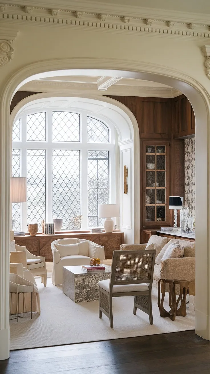 Sunlight streams through the gridded window, illuminating the airy grace of this living room. A blend of Craftsman warmth and French-inspired elegance, complete with a surprisingly modern pantry, creates a space that's both inviting and effortlessly chic. The architectural details, from the crown molding to the graceful archway, whisper stories of timeless design.