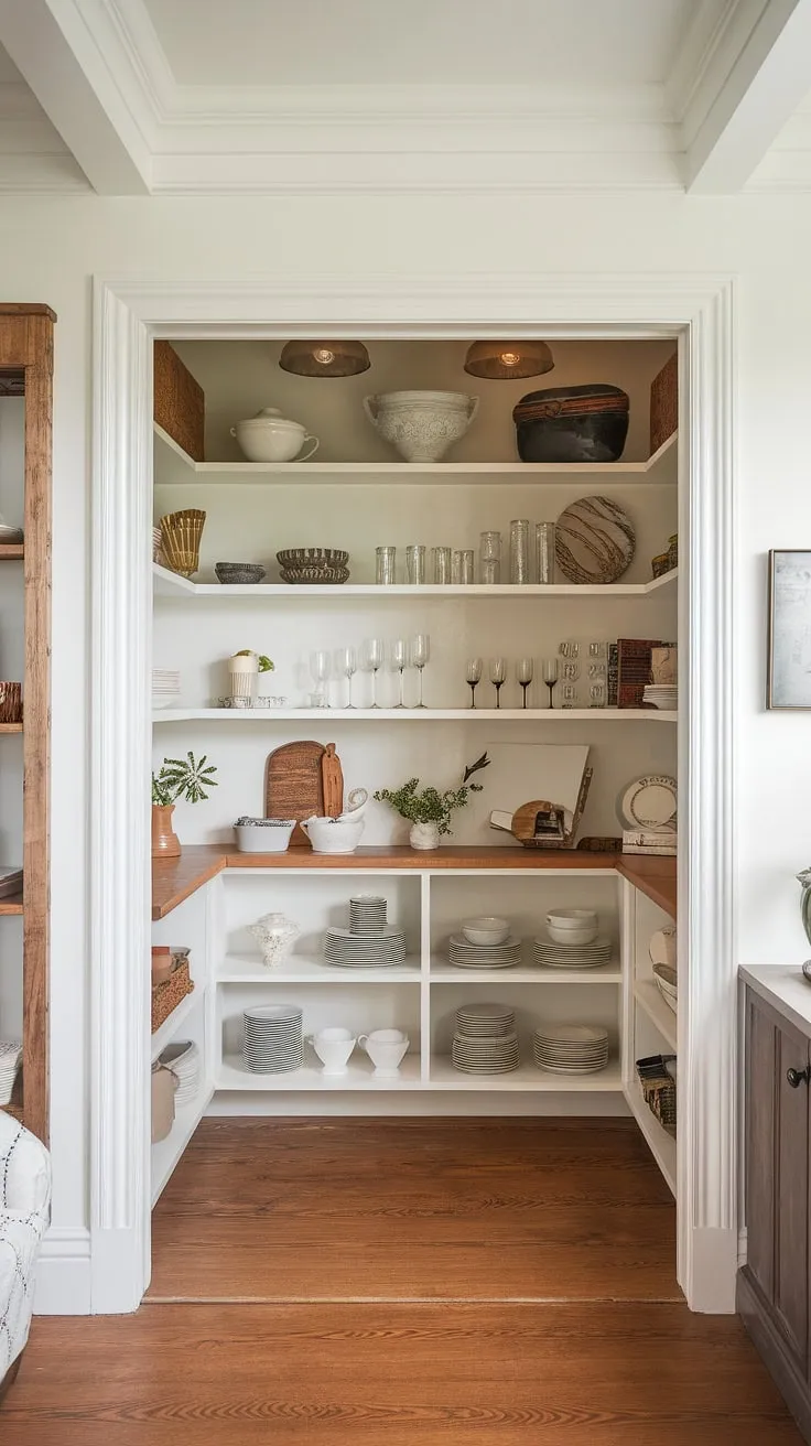 A charming French-inspired pantry, tucked neatly into this Nancy Meyers-esque living room, speaks volumes about the homeowner's refined taste. The blend of wood and white creates a space that's both practical and aesthetically pleasing, a testament to the power of thoughtful design. Every detail, from the carefully curated dishware to the subtle craftsman touches, contributes to the overall sense of warmth and effortless elegance.