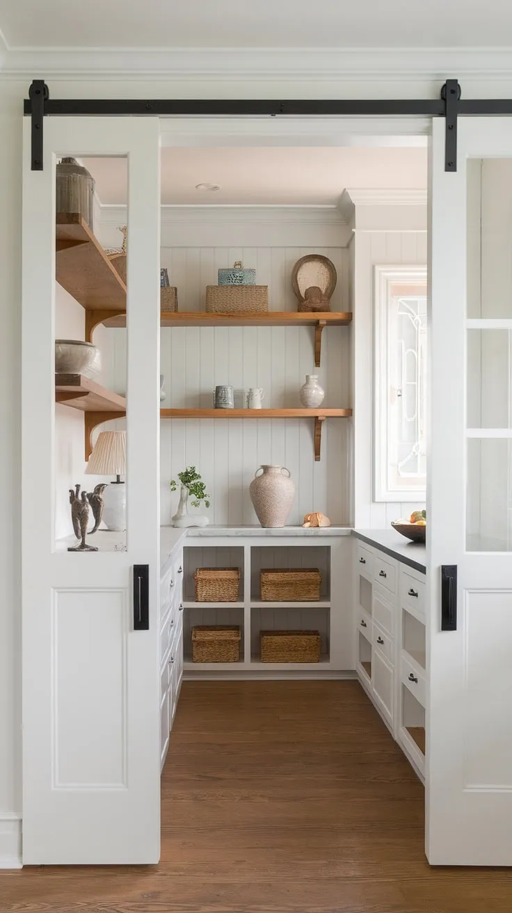 Step into a world of effortless French charm. This pantry, with its craftsman-style door and Nancy Meyers-inspired details, is the epitome of organized elegance. The white walls, wooden accents, and carefully curated items create a space that's both functional and utterly delightful. A true testament to the beauty of a well-designed pantry.