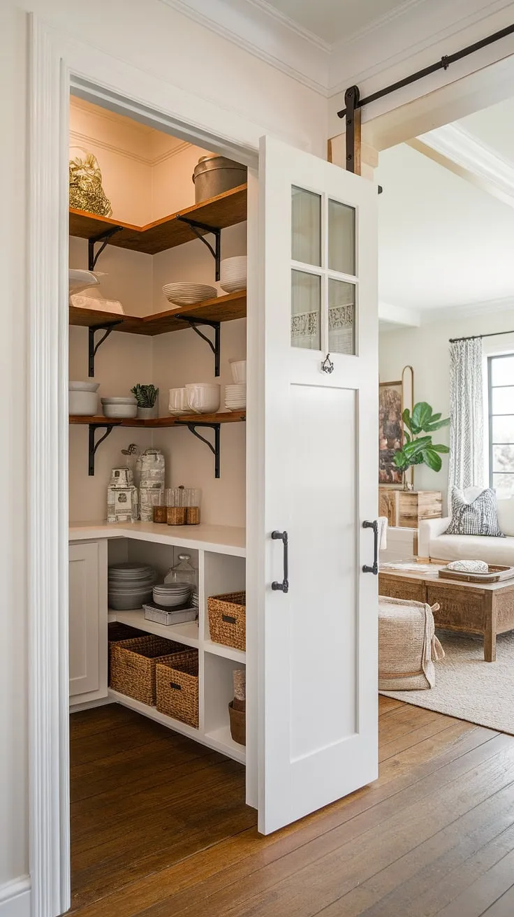 Step into a world of effortless French-country charm, where a meticulously organized pantry, crafted with a craftsman-style door and rustic wooden shelves, seamlessly blends with the inviting warmth of a traditional living room. The white-washed aesthetic, reminiscent of a Nancy Meyers film, creates a space that's both functional and utterly delightful. This is where culinary dreams are stored and cherished.