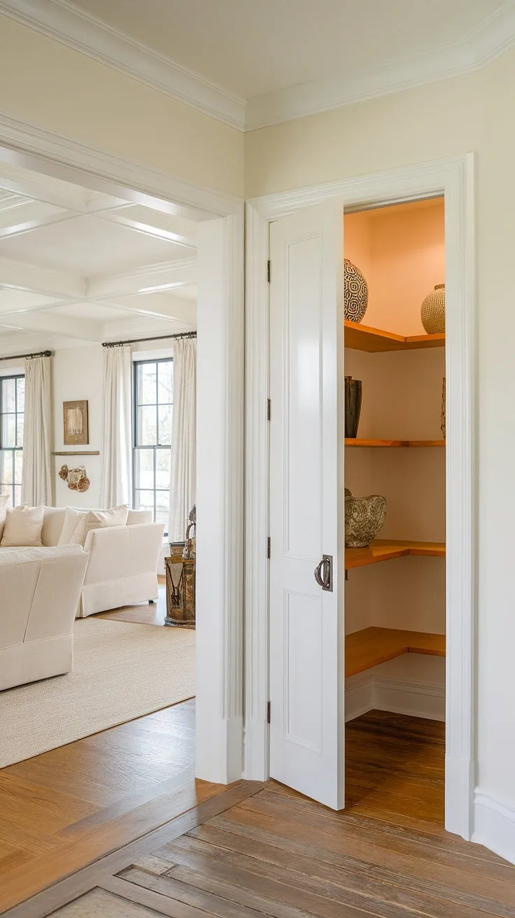 Step into a world of effortless French-inspired charm. This meticulously organized pantry, with its handcrafted door and warm wooden shelves, seamlessly blends with the Nancy Meyers-esque living area, creating a home that's both stylish and functional. The crisp white palette and natural light enhance the overall feeling of calm and sophistication. A true testament to the beauty of thoughtful design.