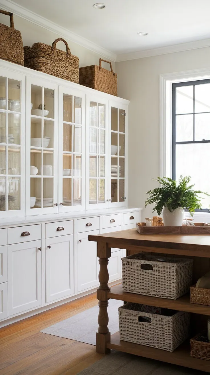 This dreamy pantry seamlessly marries French country charm with Craftsman details. The airy white walls, wood accents, and thoughtfully curated storage solutions-including those lovely woven baskets-make this the heart of a perfectly styled home, reminiscent of a Nancy Meyers film. A perfect example of how functionality and beauty can coexist.