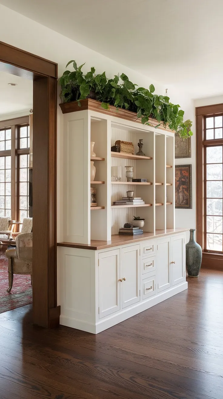 Sunlight dances across the dark wood floors, illuminating the exquisite details of this French-inspired living space. A large, white cabinet, a true centerpiece, offers ample storage while maintaining a sense of airy openness. The blend of traditional elements and modern functionality creates a truly captivating home.