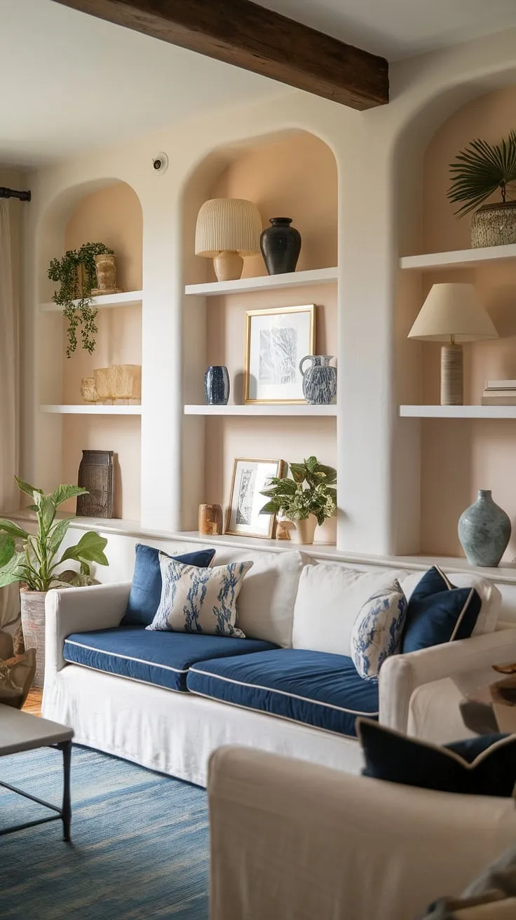 This French-country inspired living room is the epitome of understated elegance. The exposed wooden beam adds rustic charm, while the white sofa and blue accents create a calming atmosphere. The thoughtfully arranged decorative items on the white shelves showcase a curated collection, reflecting a refined and welcoming personality.