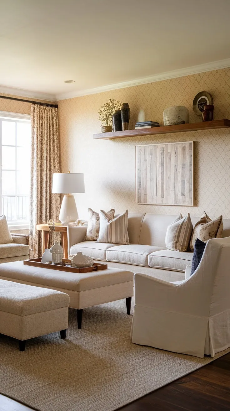 A harmonious blend of styles: French-inspired elegance, craftsman woodwork, and traditional home décor unite in this living room. The modern pantry adds a touch of unexpected functionality, while the beige tones and warm lighting create a serene and welcoming atmosphere. A testament to the beauty of curated design.