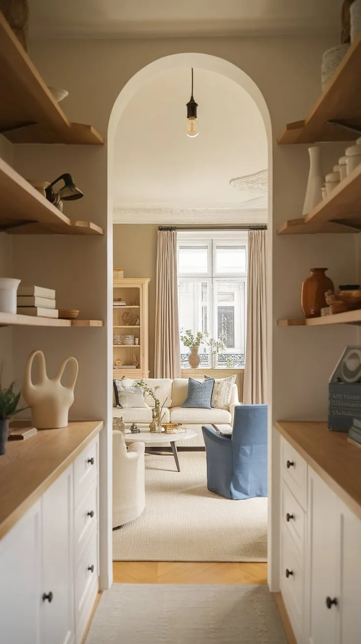 Organized chaos meets French charm in this pantry, a delightful blend of rustic wood shelves and crisp white cabinetry. The warm glow of the pendant light perfectly complements the traditional living area beyond, creating a harmonious flow between old-world elegance and modern functionality. A true testament to thoughtful design.