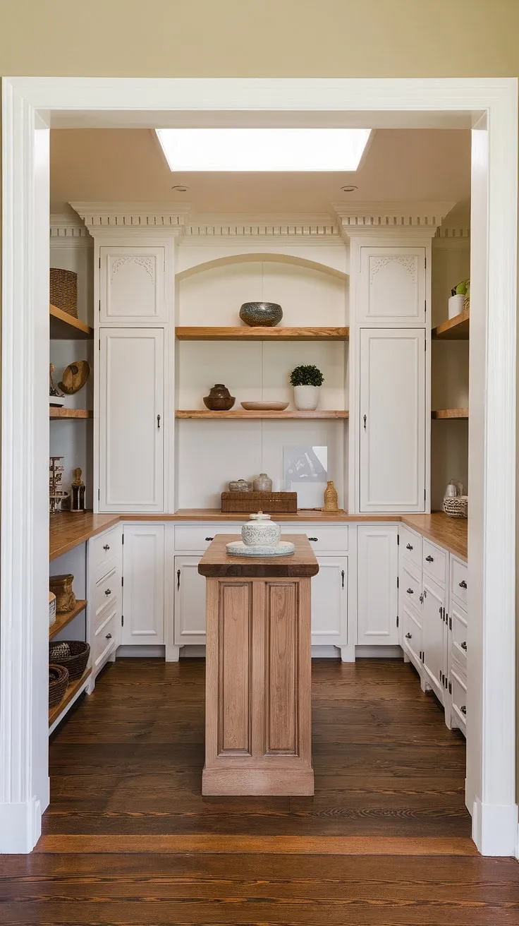 A charming blend of old-world charm and modern convenience. This craftsman-style home's pantry boasts a French-inspired design, showcasing beautiful white cabinetry, a warm wood island, and tasteful decorative touches. The result? A functional and aesthetically pleasing space that's as inviting as it is organized. A truly delightful addition to the home.