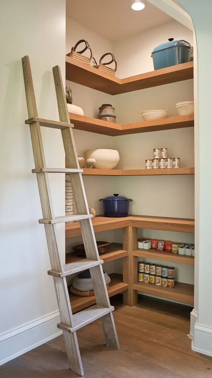 A charming pantry, brimming with rustic charm and French-inspired elegance. The craftsman-style shelving and whitewashed walls create a space as inviting as it is functional, perfect for storing culinary treasures and adding a touch of Nancy Meyers' effortless style to your home. A simple wooden ladder adds a touch of whimsy, completing this perfectly curated a space.