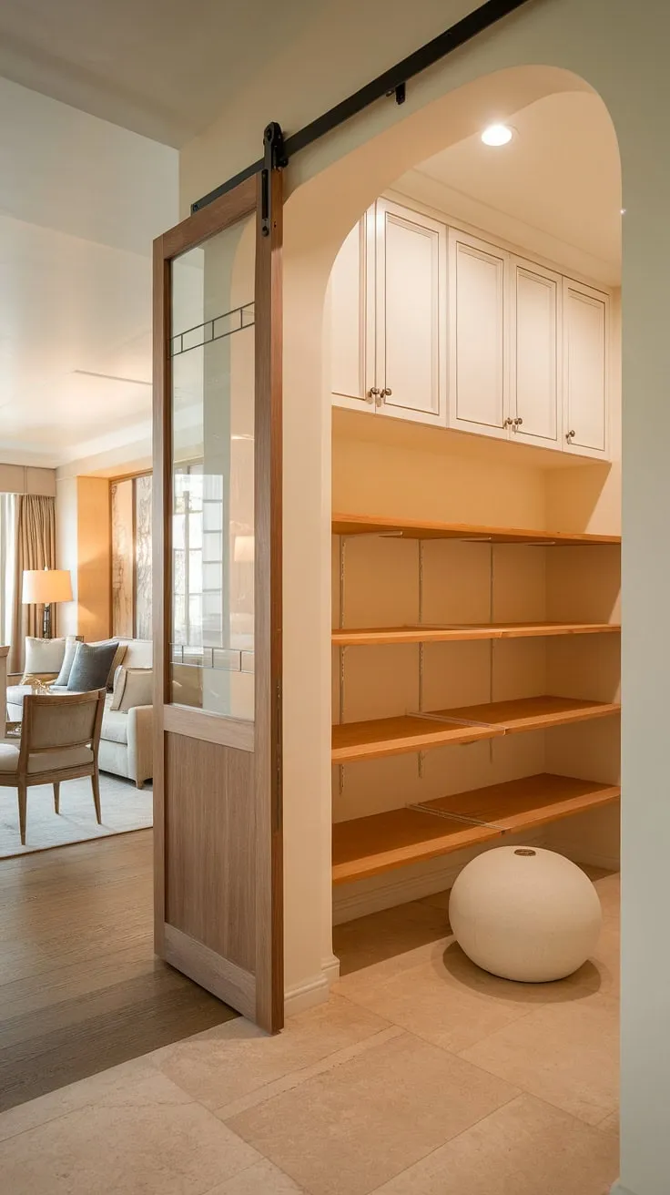 A beautifully organized pantry, showcasing a harmonious blend of French country charm and contemporary functionality. The wooden door, glass window, and white accents create a space that's both aesthetically pleasing and highly efficient, seamlessly connecting the kitchen to the inviting living area.