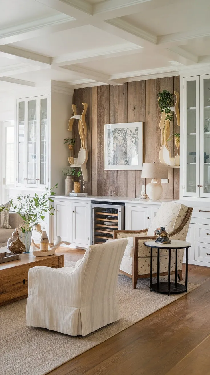 Sunlight streams through the French doors, illuminating the warm wood and crisp white of this craftsman-style living room. A modern pantry, tucked discreetly away, adds a touch of unexpected convenience to this effortlessly elegant space. The overall effect is pure, calming sophistication.