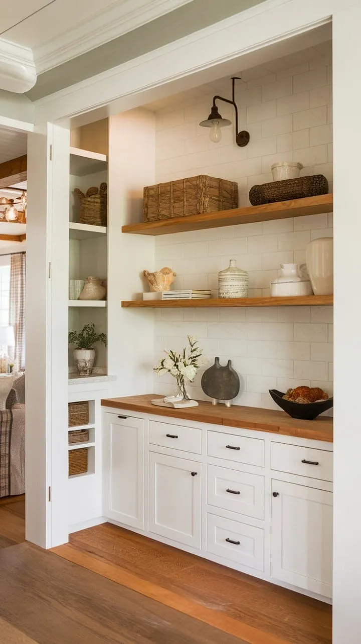 This stylish pantry, reminiscent of a Nancy Meyers film, seamlessly blends traditional and modern elements to create a serene and chic retreat in the heart of the home.