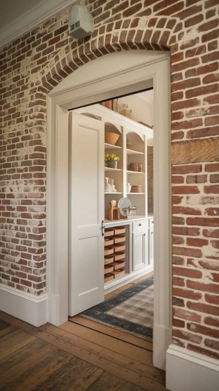 This enchanting French-inspired pantry harmoniously blends old-world charm with modern functionality, featuring a craftsman door against a rustic brick wall and warm aged wood floors.