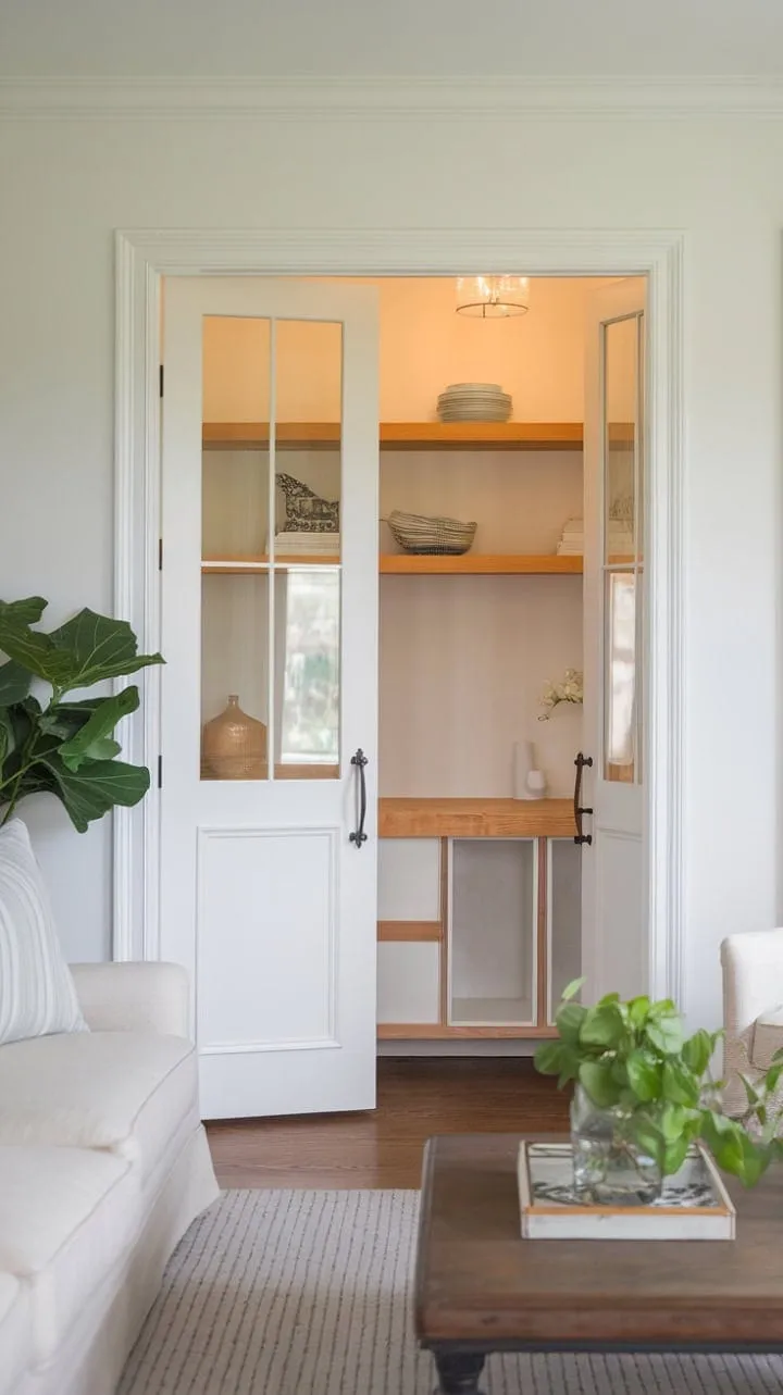 Sunlight illuminates a meticulously organized pantry, blending French charm with Nancy Meyers-inspired elegance, where culinary dreams await.