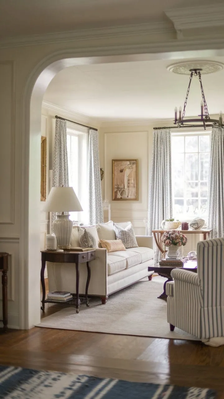 Bathed in sunlight, this craftsman-style living room exudes refined comfort with its elegant French-inspired details, warm wood tones, and inviting decor.