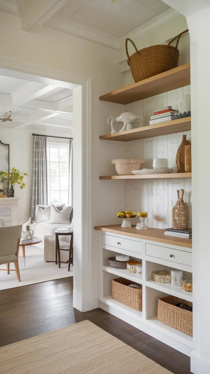 Bathed in sunlight, this impeccably organized pantry exudes a charming blend of French country style and craftsman details, evoking the serene elegance of a Nancy Meyers film.