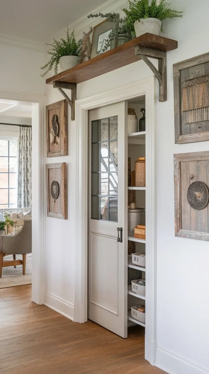 This Nancy Myers-inspired home features a charming whitewashed pantry with a craftsman door, adorned with potted plants and a delightful showcase of culinary treasures, seamlessly flowing into a chic traditional living area.