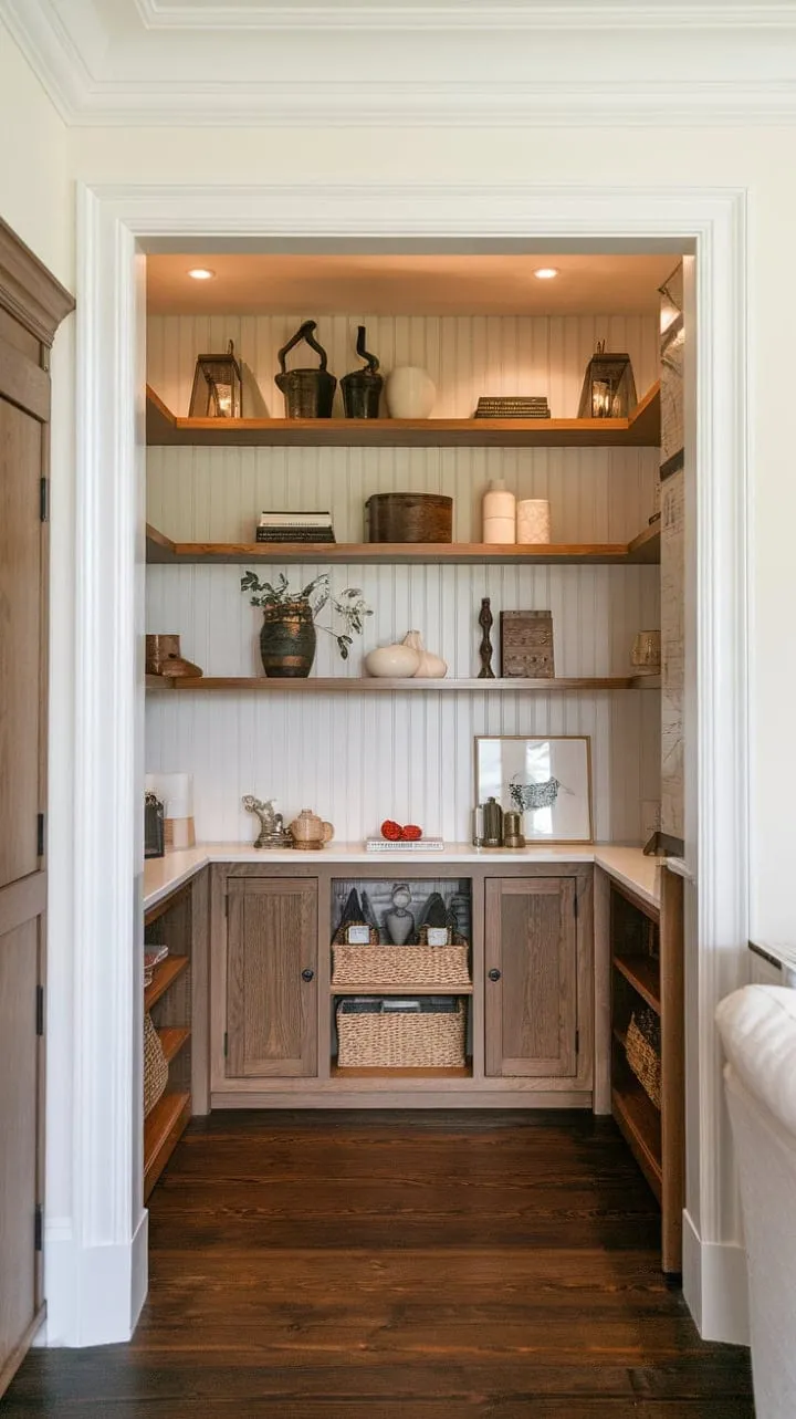 This enchanting pantry blends French charm with craftsman artistry, harmonizing warm woods and crisp whites in a practical yet stunning tribute to meticulous home design.