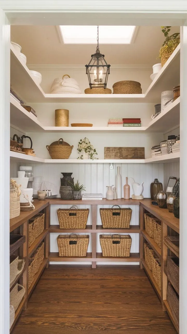 This elegantly crafted living space, reminiscent of a Nancy Meyers film, exudes calm sophistication with its French-inspired pantry and harmonious wood-and-white palette.