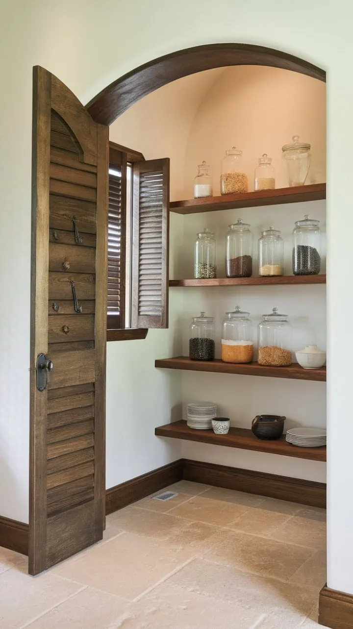 Bathed in sunlight, this pantry harmoniously marries old-world charm with modern practicality, showcasing elegant craftsmanship and culinary treasures in glass jars.
