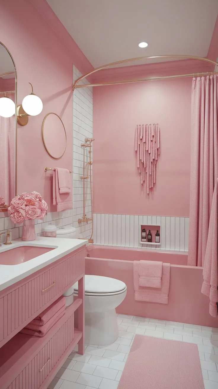 A dreamy modern bathroom in soft pink hues features a pink tub and coordinating accents against crisp white fixtures and tiling