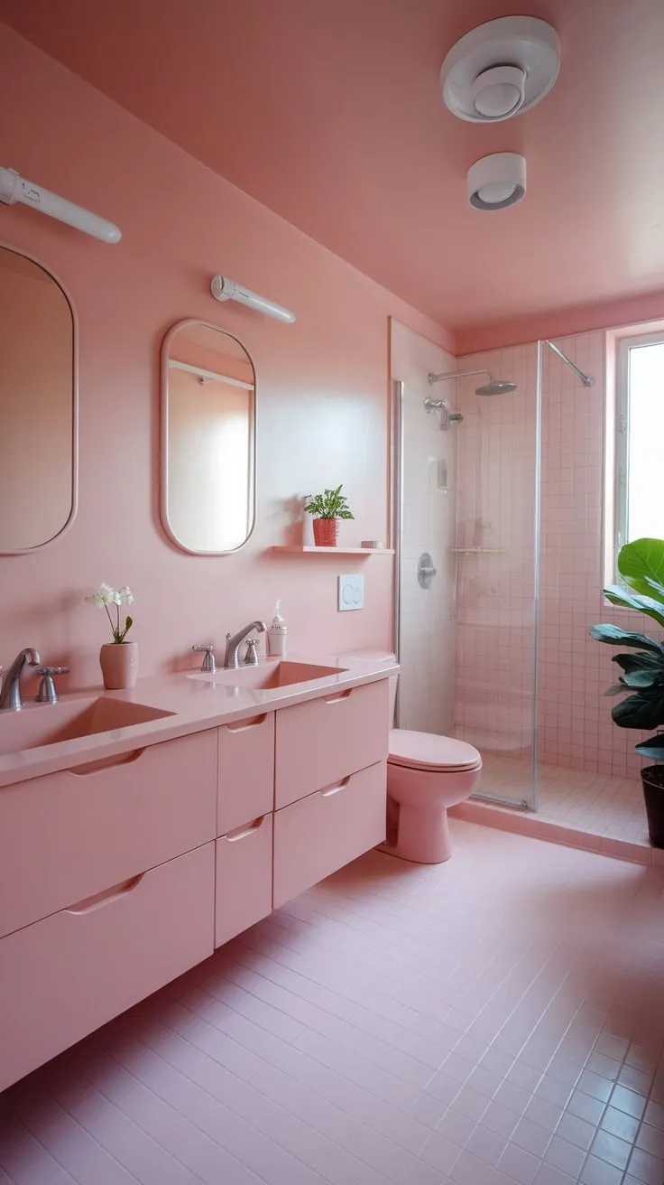 Soft pink walls, floors, and fixtures create a stylish and sophisticated modern bathroom oasis.