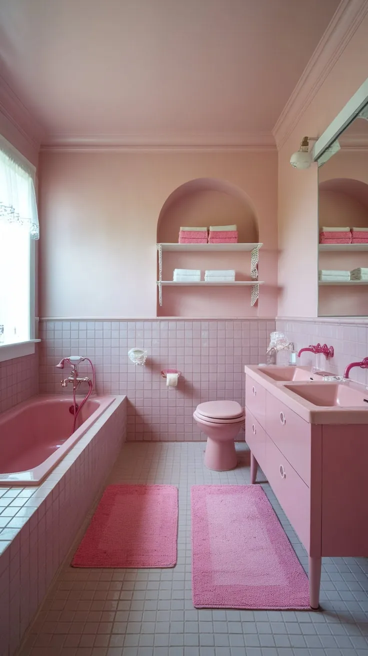 A bright modern bathroom, awash in varying shades of pink, creates a luxuriously girly escape.