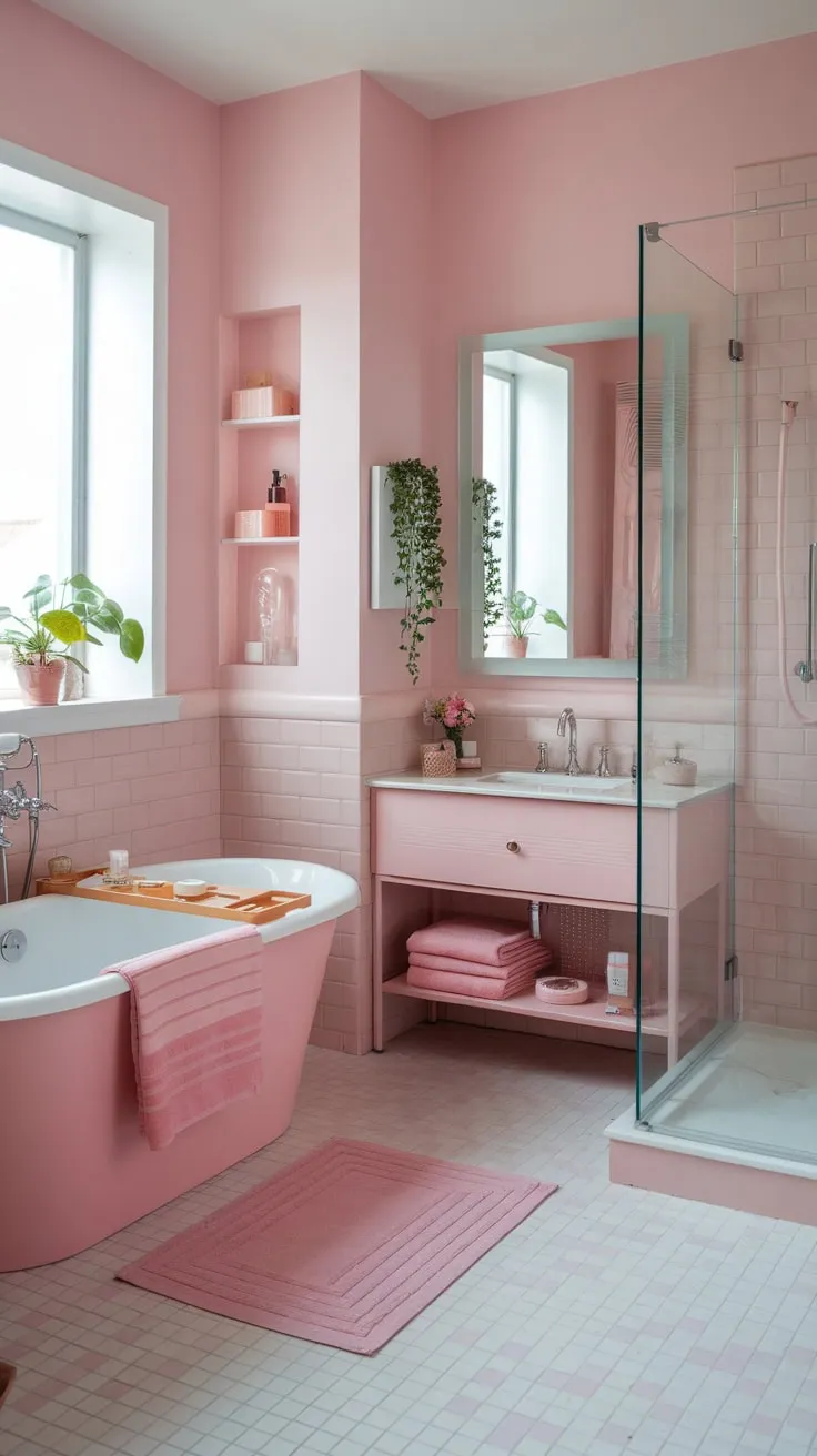 Natural light floods a chic pink bathroom featuring a freestanding tub, patterned tile, and carefully curated details.
