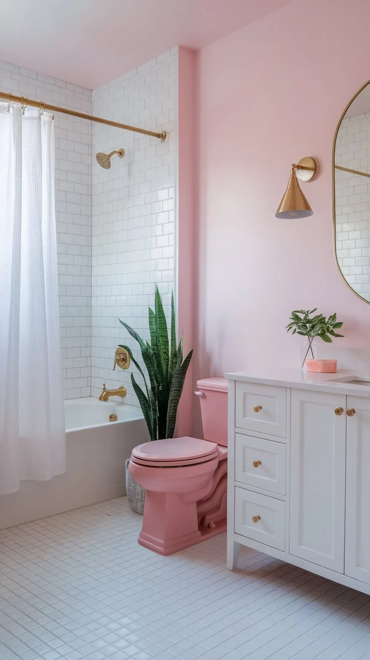 Soft pink walls and a matching toilet complement a bright white tiled floor and gold accents in this modern bathroom oasis.