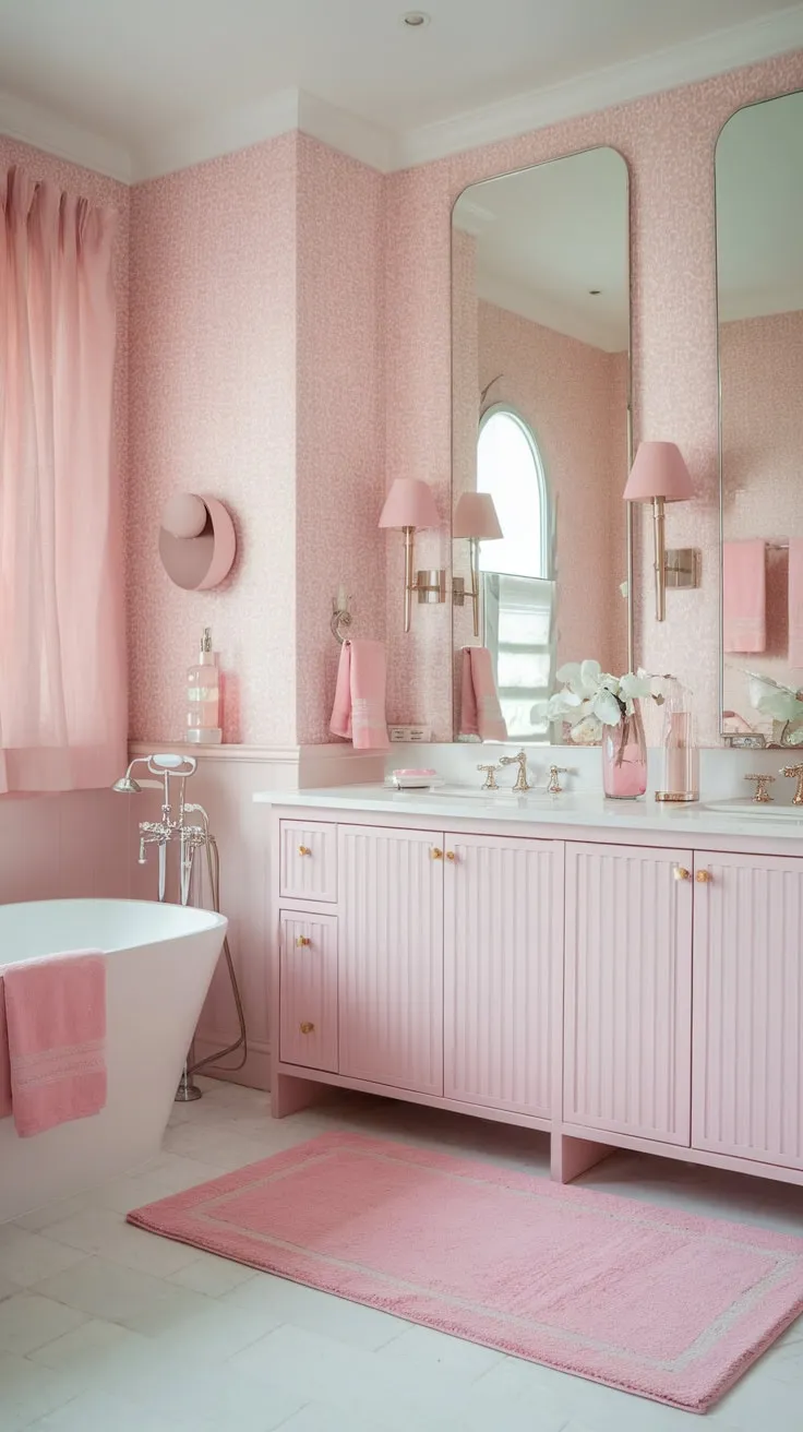 A modern pink bathroom design showcases a freestanding tub, pink accents, and subtle patterned wallpaper for a chic and calming aesthetic