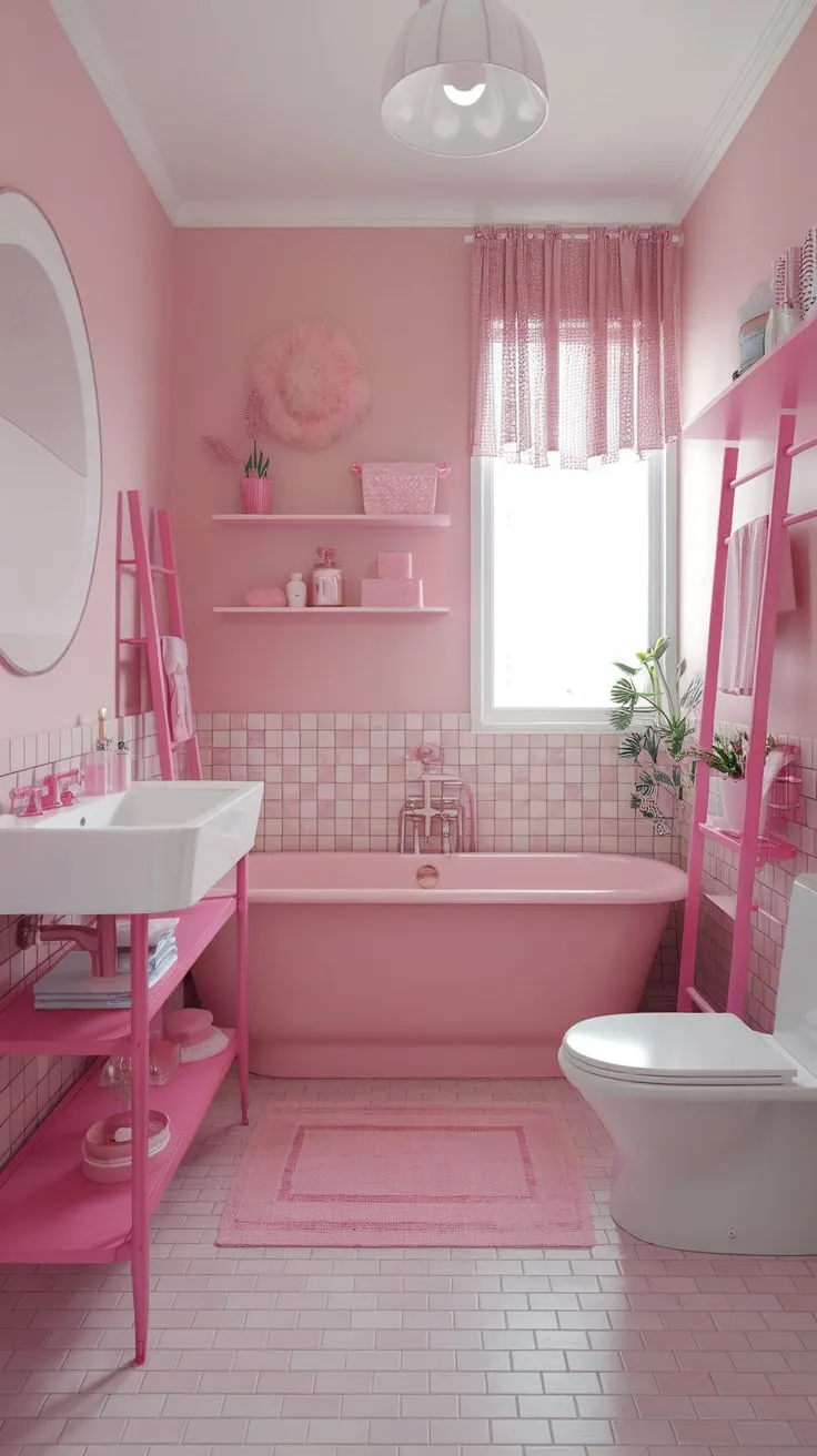 A dreamy modern pink bathroom overflows with girly charm, from its blush walls and tub to its perfectly coordinated accessories.