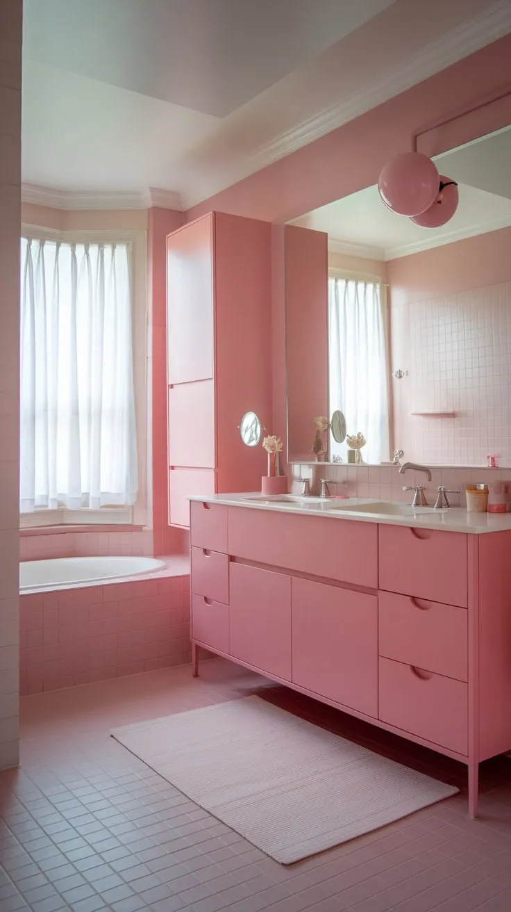 A modern pink bathroom boasts a chic, girly aesthetic with light pink tiles, a pink vanity, and coordinating accents.