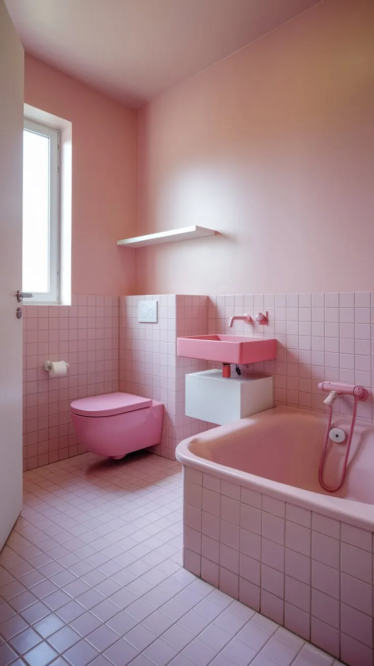 Bright lighting accentuates the chic pink palette of this modern bathroom's fixtures and minimalist design.