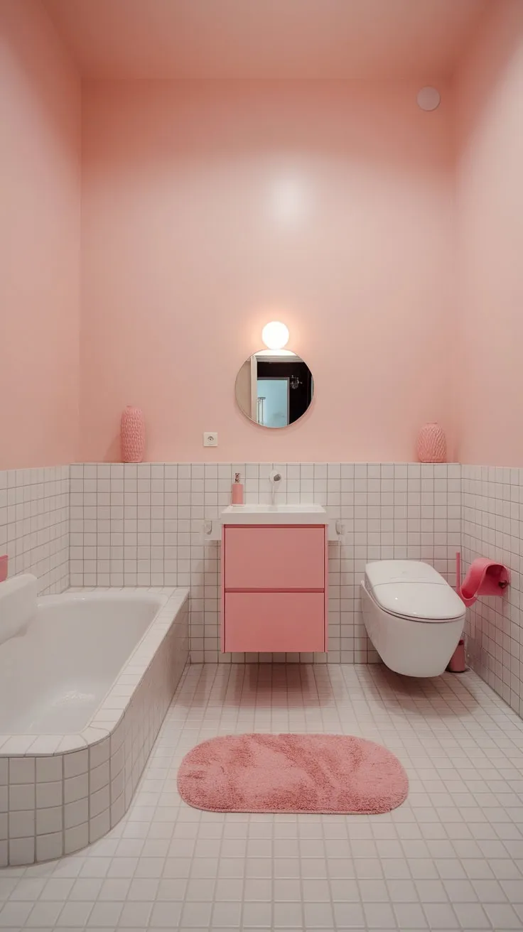 Soft pink walls and white fixtures create a calming modern bathroom, accented with delicate pink details.