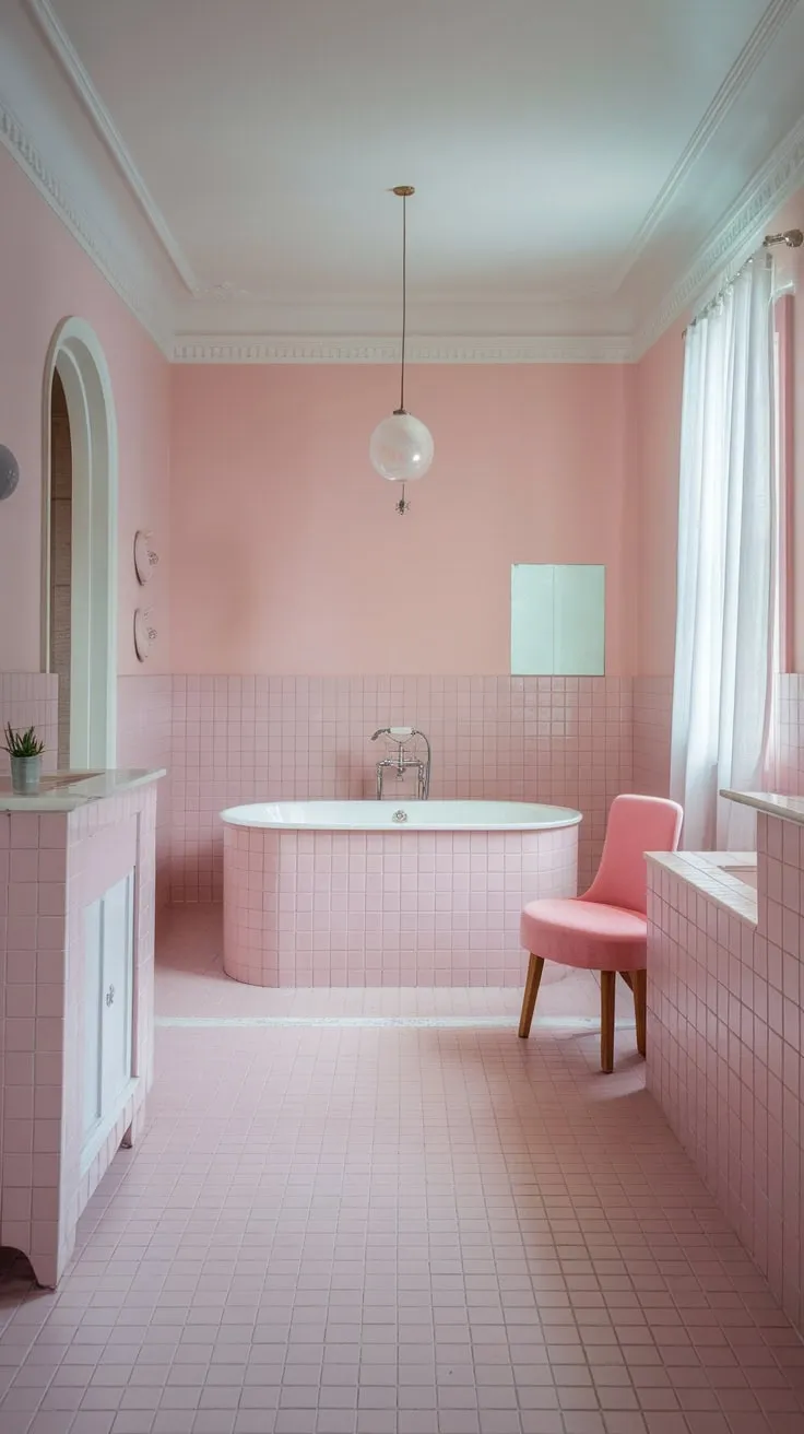 Modern pink tiles and white accents define this stylish bathroom, a freestanding tub its luxurious centerpiece.