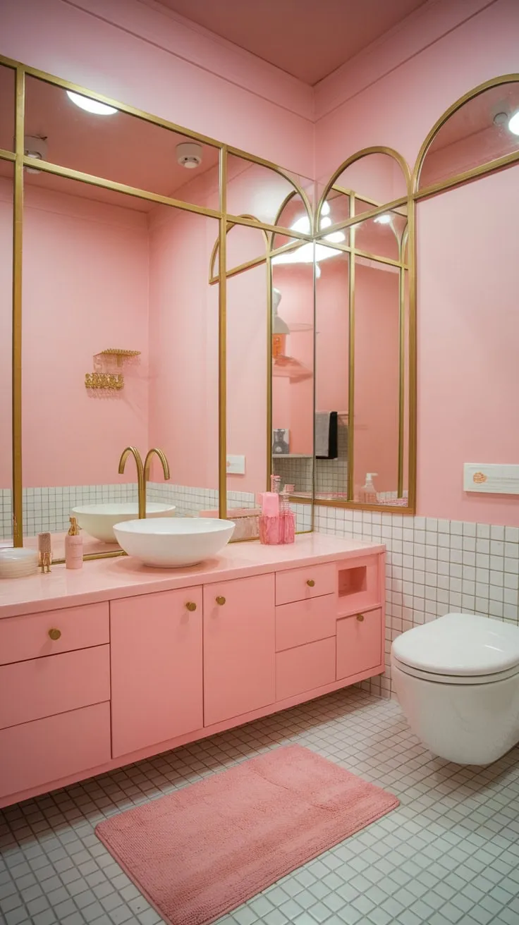 Warm lighting illuminates a chic modern pink bathroom featuring gold accents and a girly aesthetic