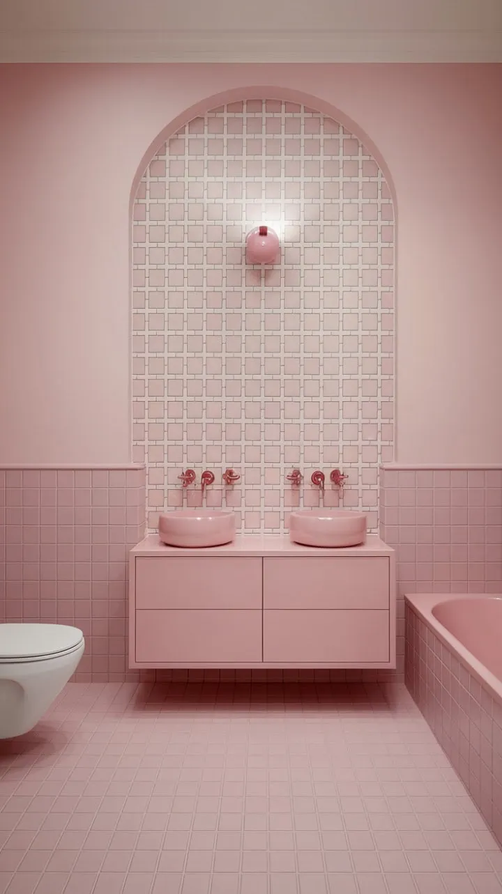 This serene modern bathroom, adorned with soft pink tiles and crisp white accents, offers a tranquil sanctuary for ultimate relaxation.