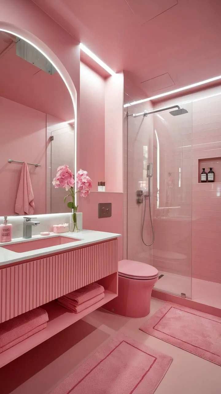 This soft pink-glow bathroom is a chic sanctuary that harmoniously combines modern femininity with elegant simplicity and comfort.