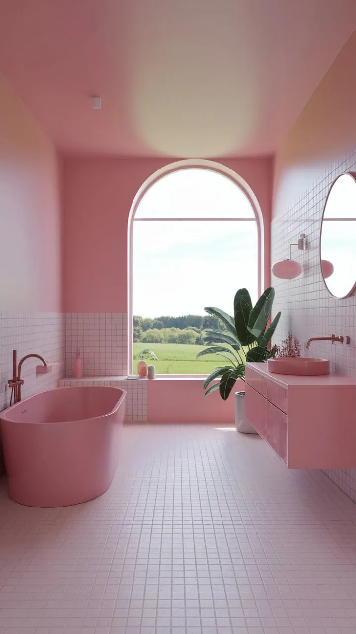 Bathed in soft pink light, this elegant modern bathroom combines a floating vanity and freestanding tub with a serene view, creating a luxurious oasis of tranquility.