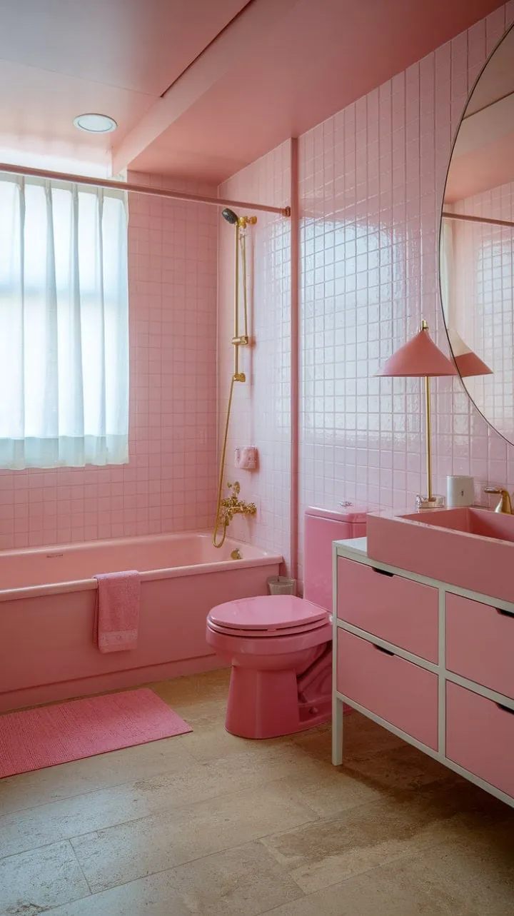 Step into a luxurious sanctuary of blush tones and gold accents, where modern design meets feminine charm for the ultimate self-care escape.