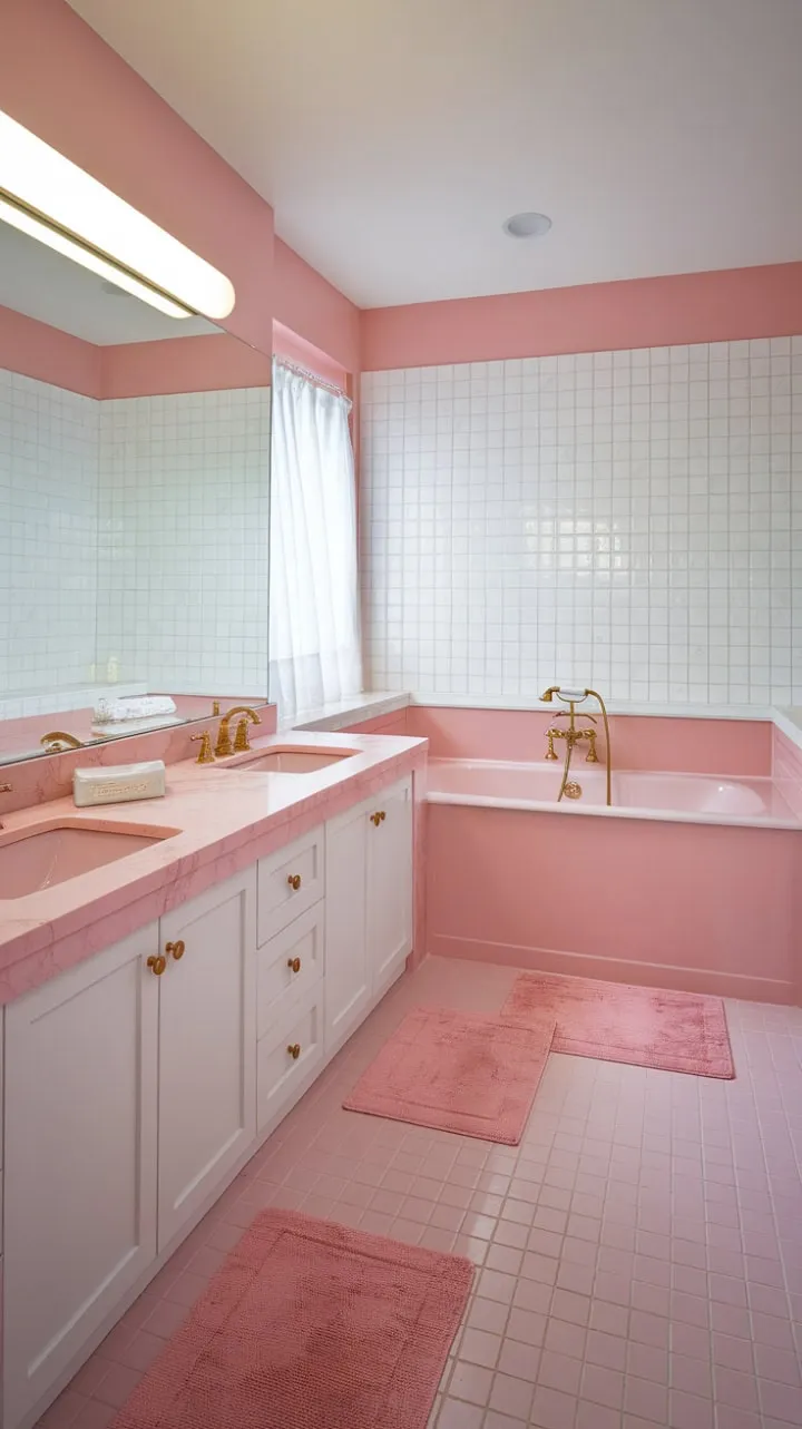 Experience a tranquil sanctuary in this blush-toned bathroom, where soft pink marble and gold accents transform everyday routines into a luxurious spa-like retreat.